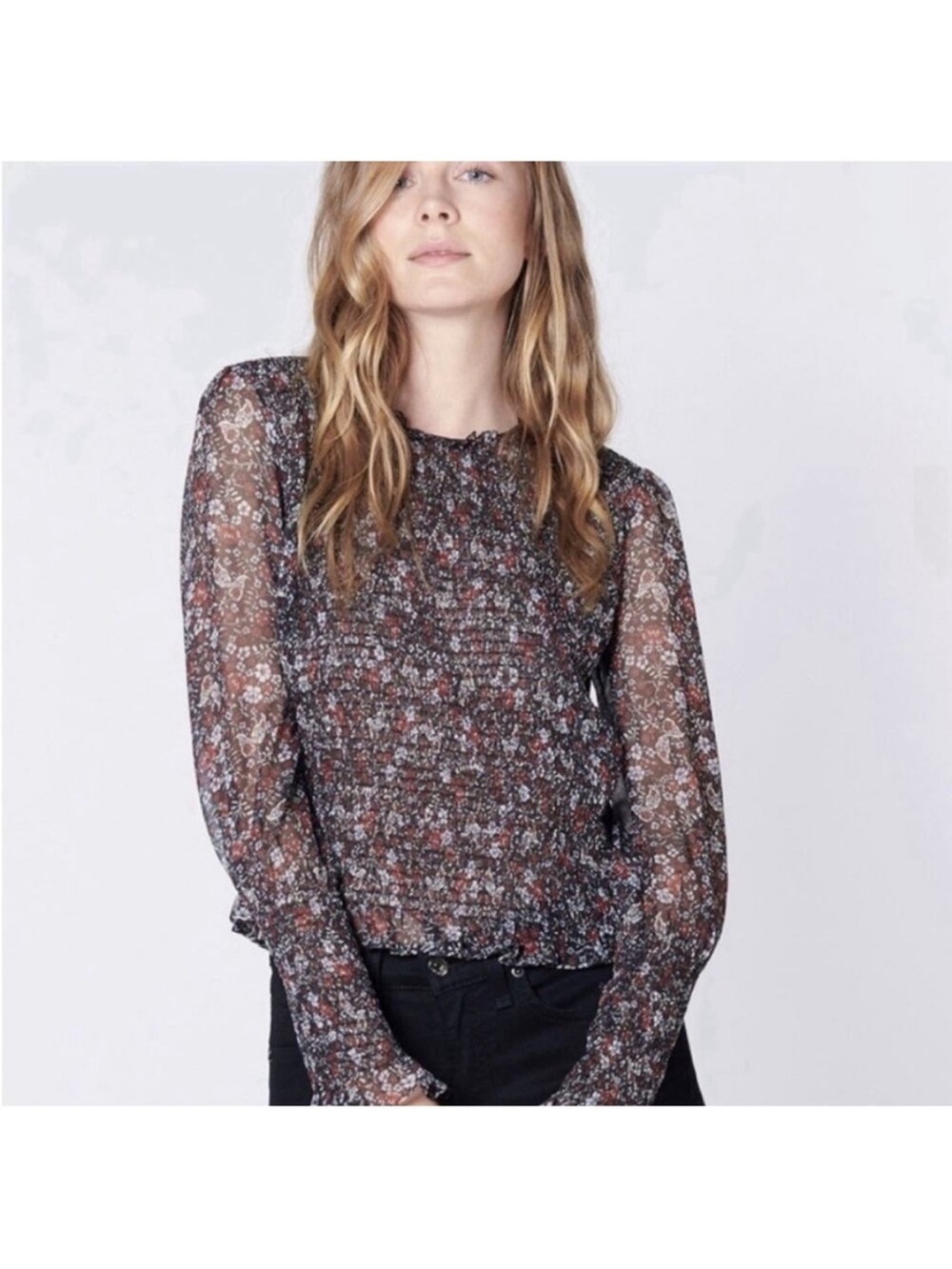 Veronica Beard Top Black Floral Smocked Silk Faire Bishop Sleeve Blouse 4 Preppy